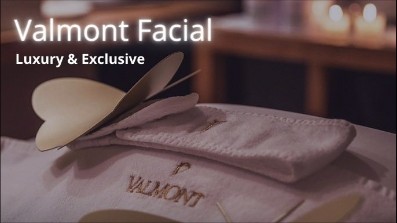 A set of luxury Swiss-made Valmont skincare products and a soft headband prepared for an exclusive Valmont Facial in Mississauga.