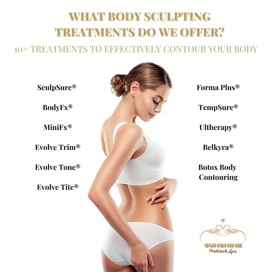 We are the best Mississauga body contouring & fat removal clinic. At Sunshine Cosmetic Clinic & Medi Spa in Waterloo, we provide over 10 FDA and Health Canada approved body contouring procedures. Contact us today to book a free consultation!